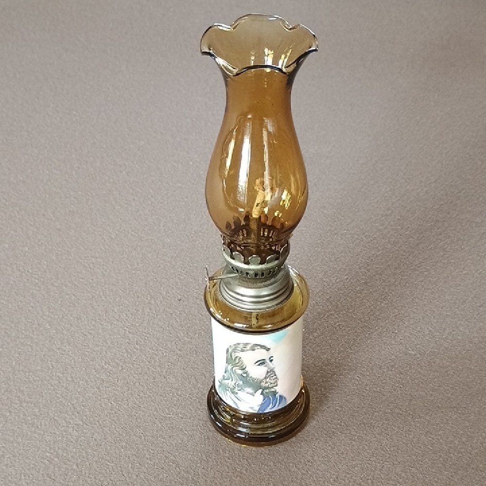 Vintage Amber Glass Hurricane Lamp with Portraitbof Jesus Accent
